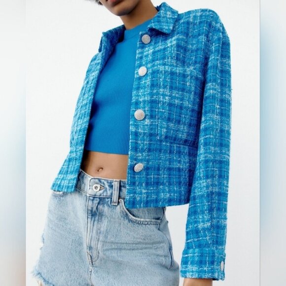 Zara Women's Plaid Tweed Cropped Long Sleeve Button Down Blazer Top Blue Size L. - Picture 5 of 16